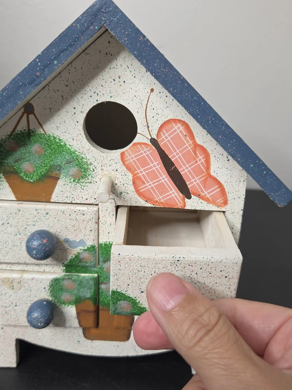 Hand-Painted White & Blue Decorative Mini Chest Birdhouse with Butterfly Accent